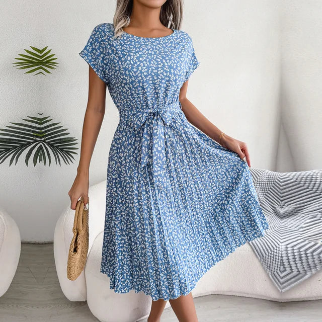 Vestido midi plisado de manga corta para mujer con lazo en la cintura
