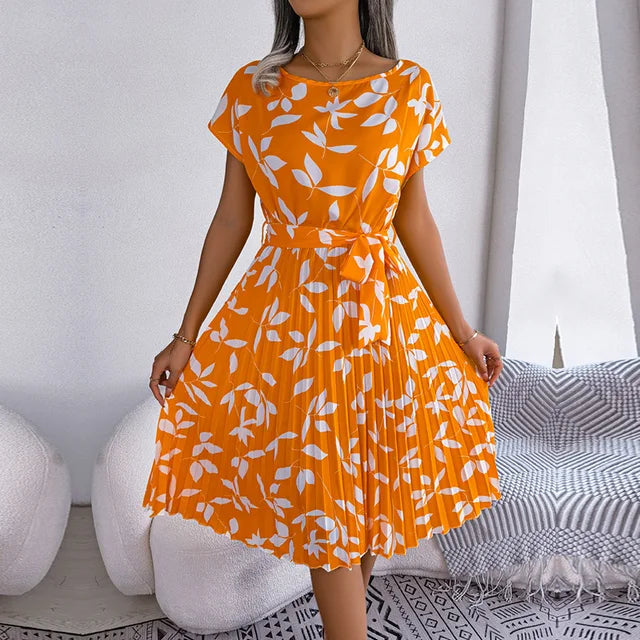 Vestido midi plisado de manga corta para mujer con lazo en la cintura