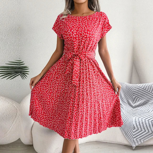 Vestido midi plisado de manga corta para mujer con lazo en la cintura
