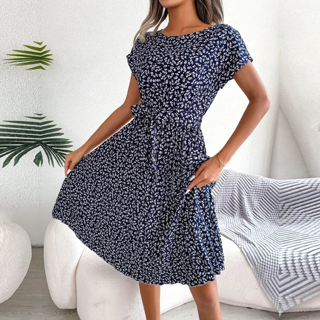 Vestido midi plisado de manga corta para mujer con lazo en la cintura