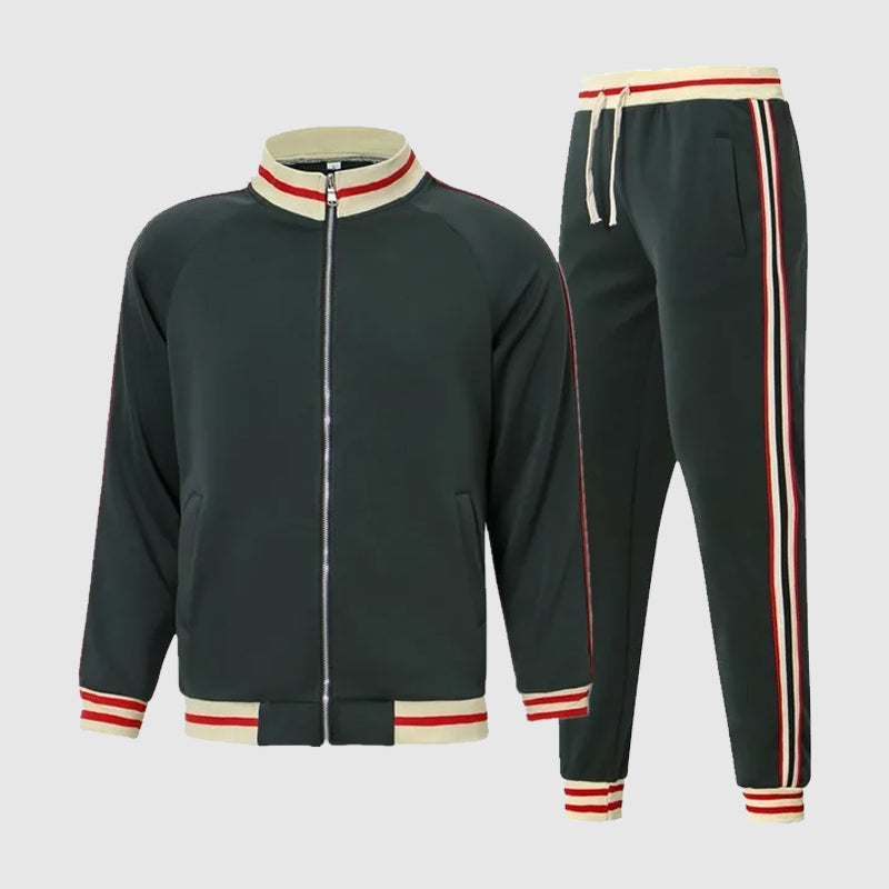Conjunto deportivo de dos piezas para hombre con chaqueta con cremallera y detalle de rayas