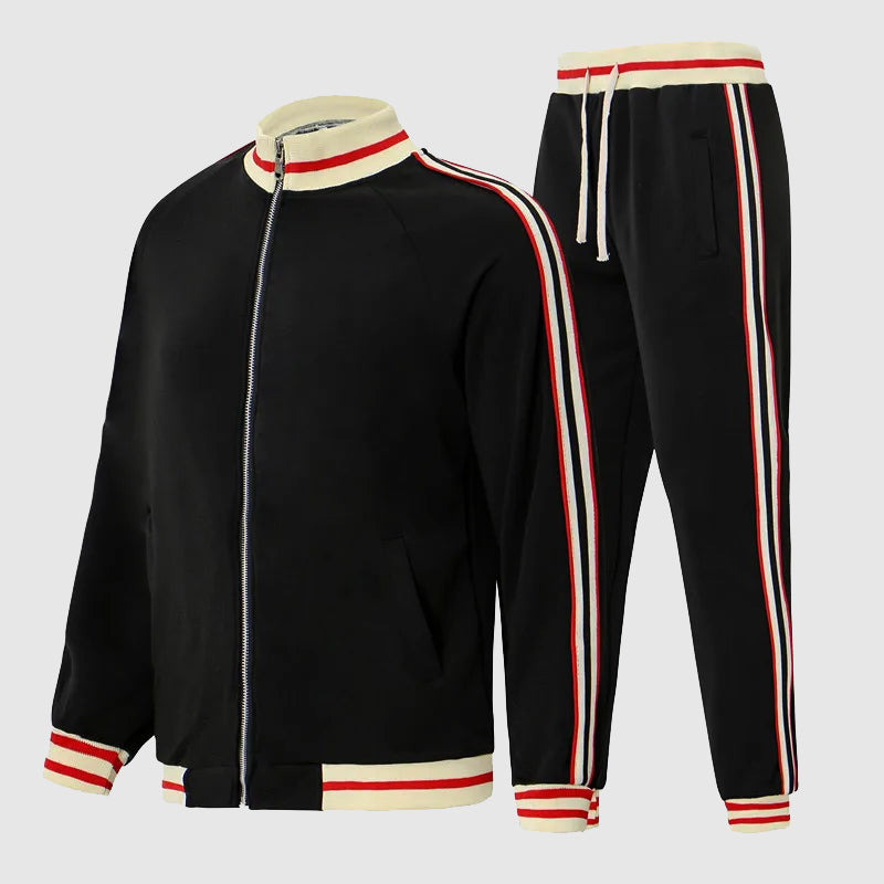 Conjunto deportivo de dos piezas para hombre con chaqueta con cremallera y detalle de rayas