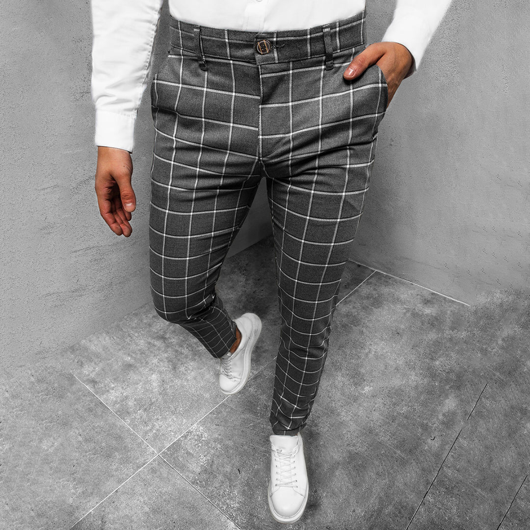 Pantalones de trabajo a cuadros para hombre, corte entallado, pierna recta y estampados