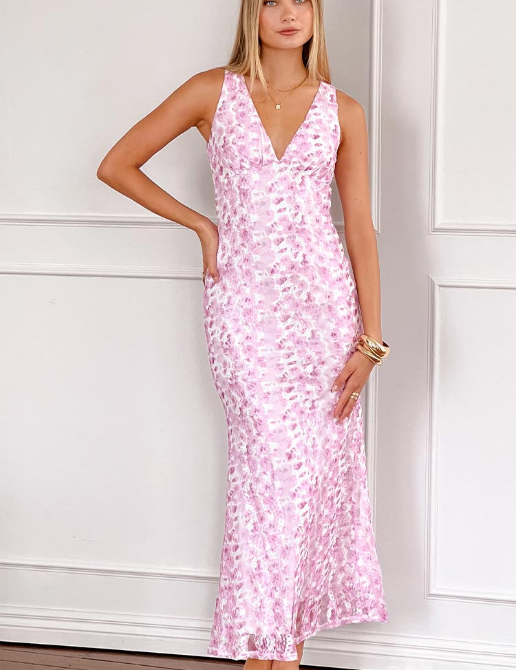 Vestido largo floral sin mangas para mujer con escote en V y dobladillo acampanado