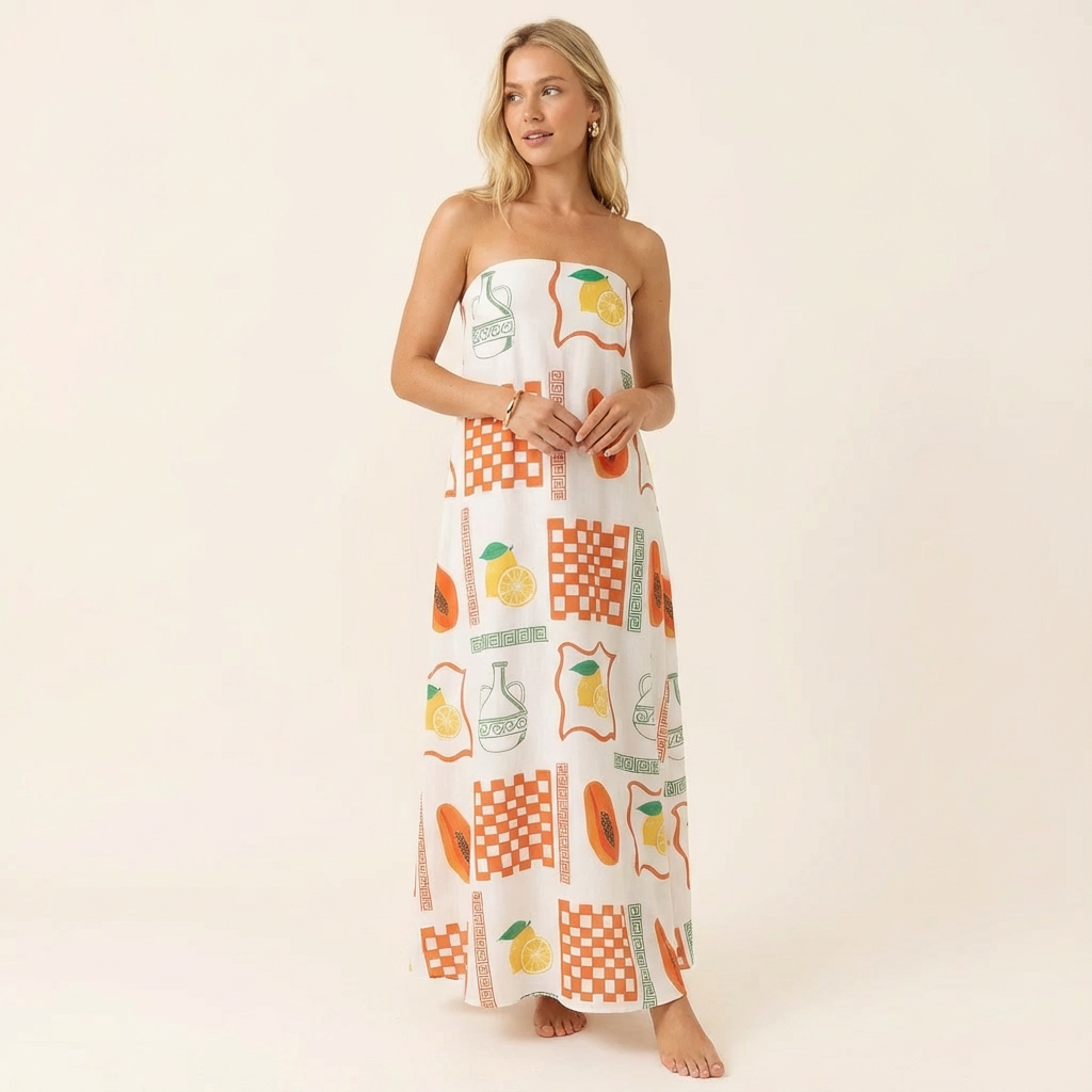 Vestido largo sin tirantes con estampado tropical para mujer y diseño fluido