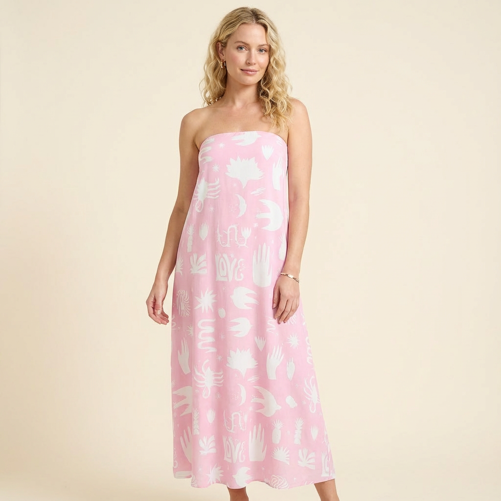 Vestido largo sin tirantes con estampado tropical para mujer y diseño fluido