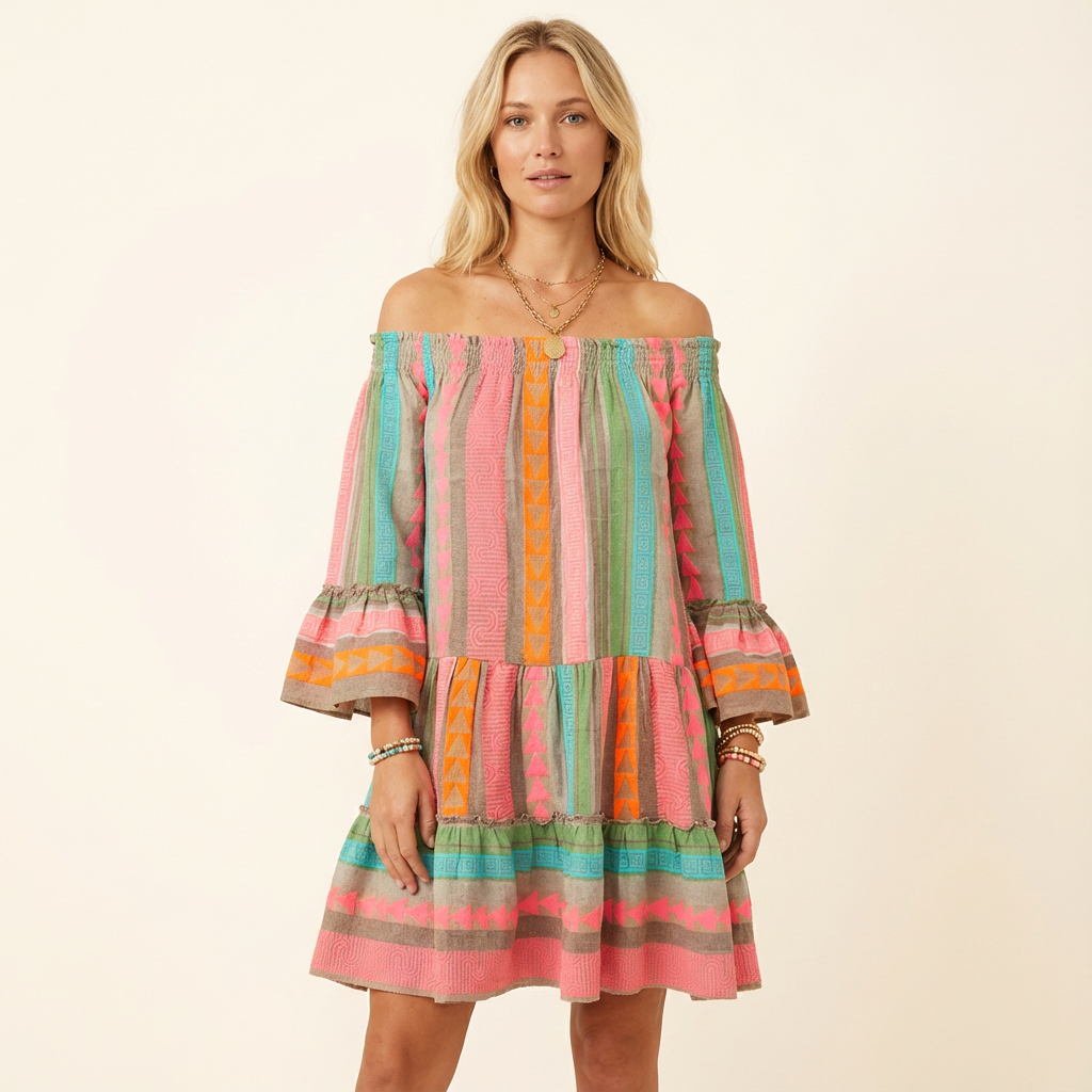 Vestido mini holgado con hombros descubiertos y estampado étnico para mujer