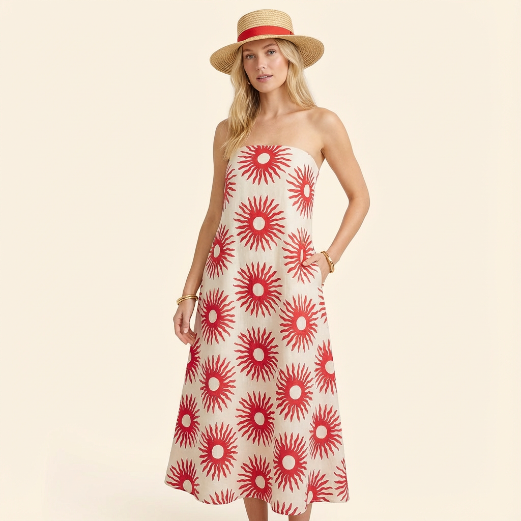 Vestido largo sin tirantes con estampado tropical para mujer y diseño fluido