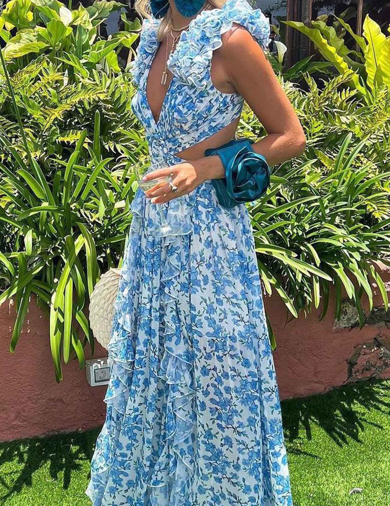 Vestido largo floral para mujer con escote en V, mangas con volantes y cintura recortada