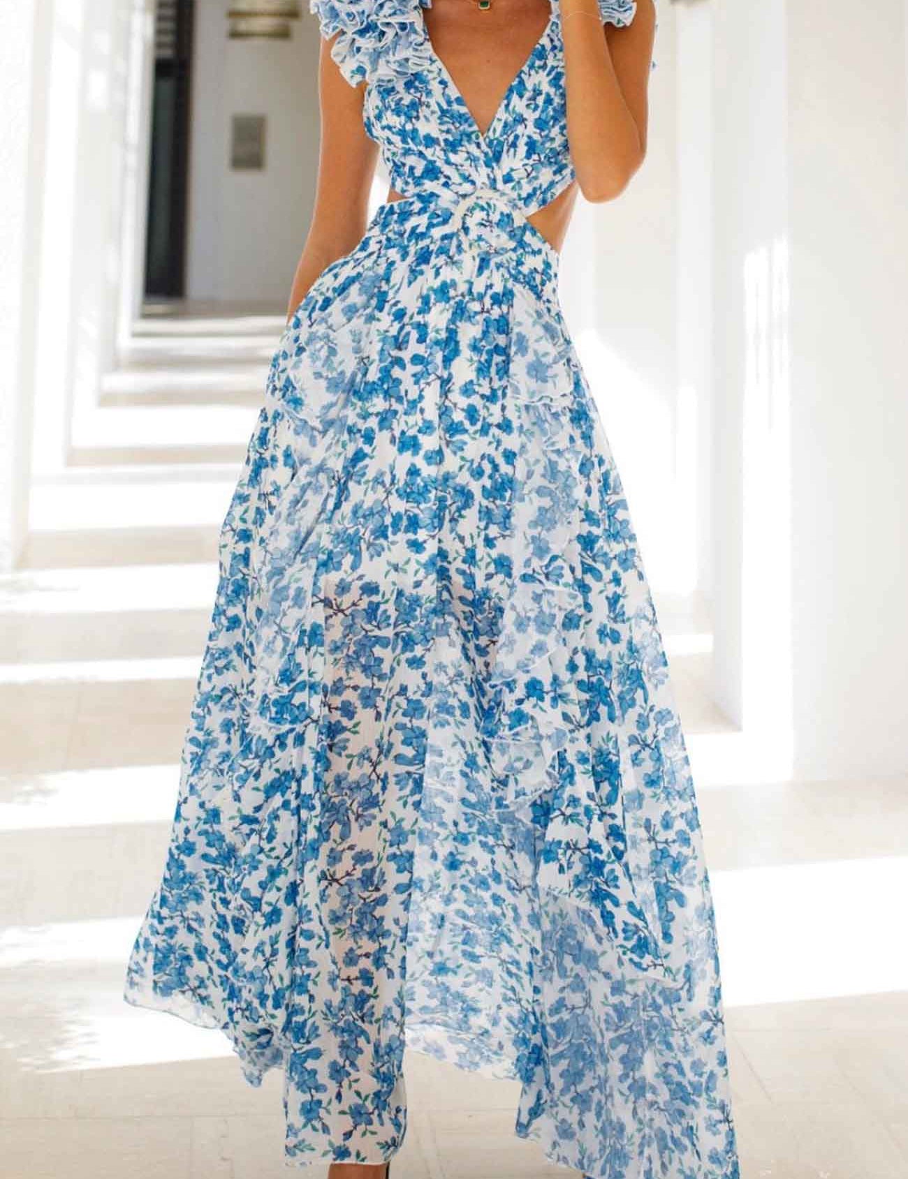 Vestido largo floral para mujer con escote en V, mangas con volantes y cintura recortada