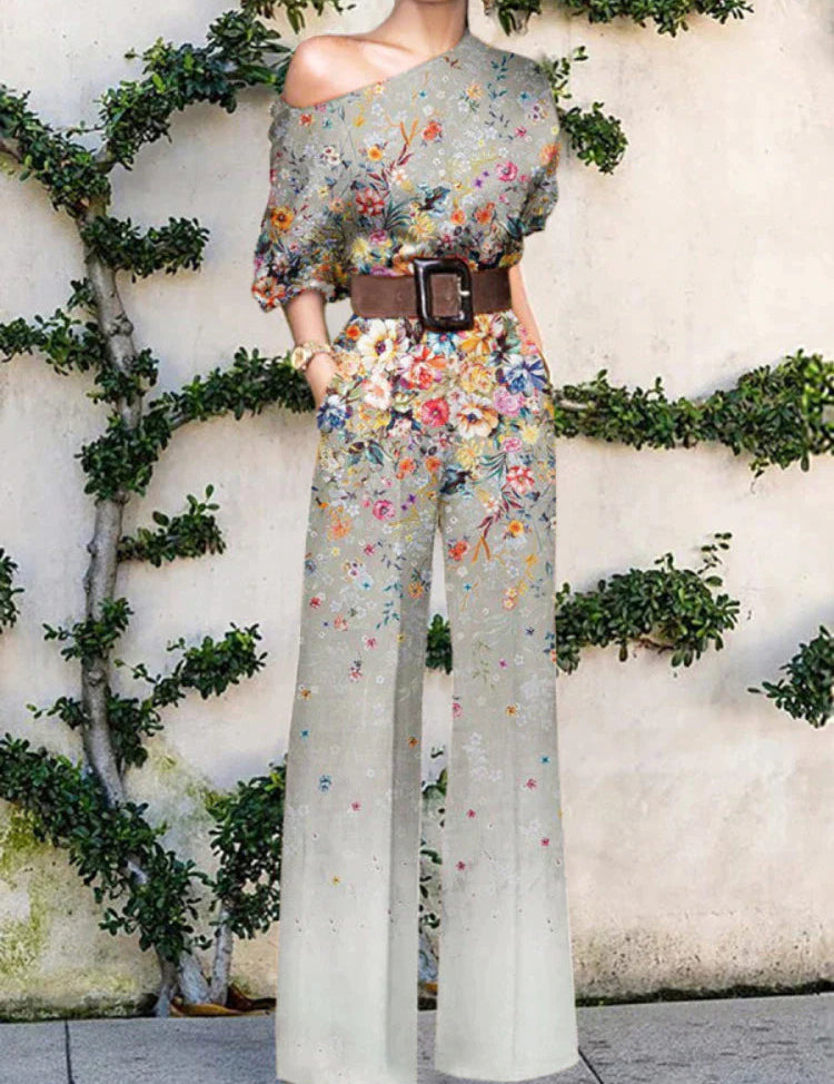 Mono de pierna ancha con un hombro descubierto para mujer con diseño de estampado artístico