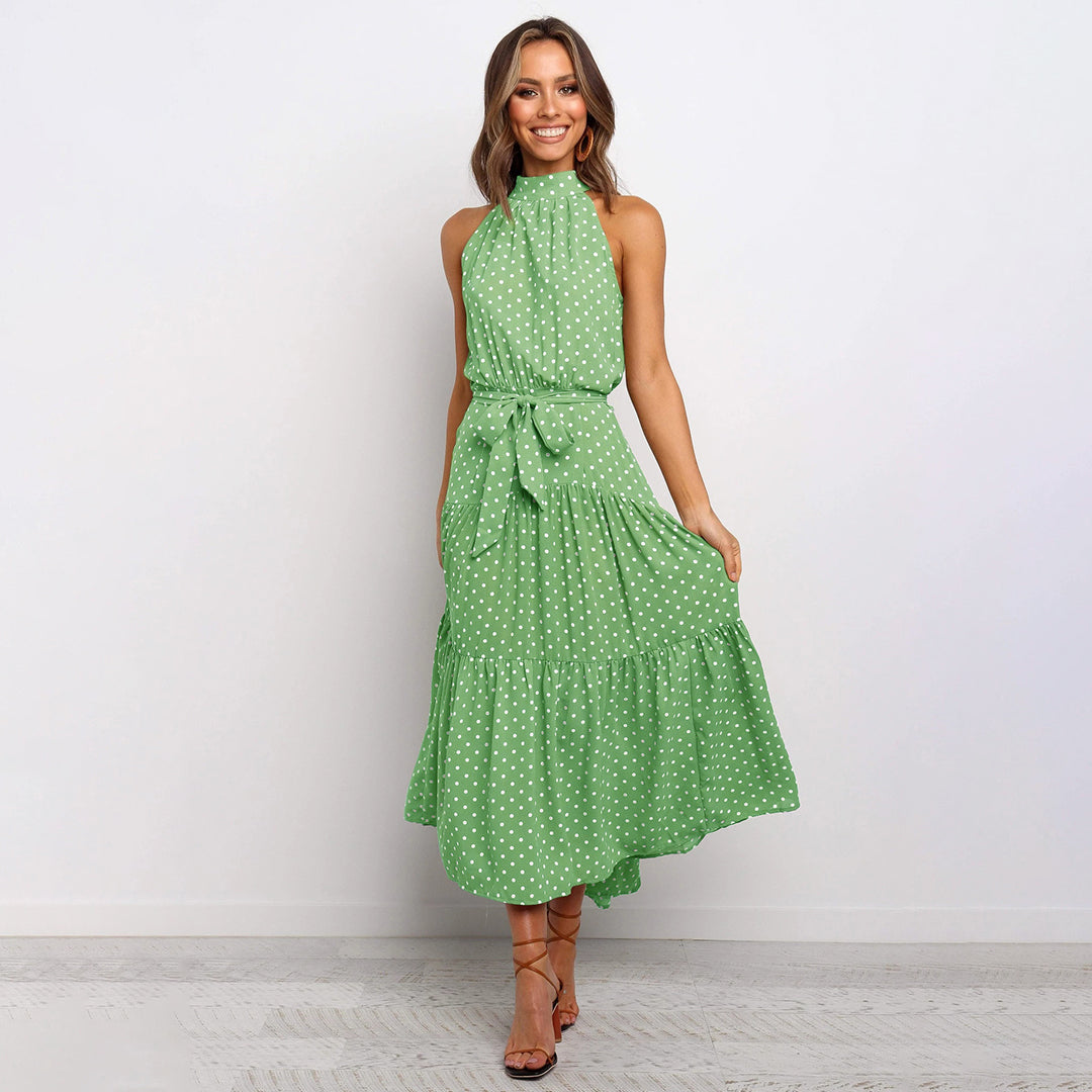 Vestido largo de lunares con cuello halter y lazo en la cintura para mujer