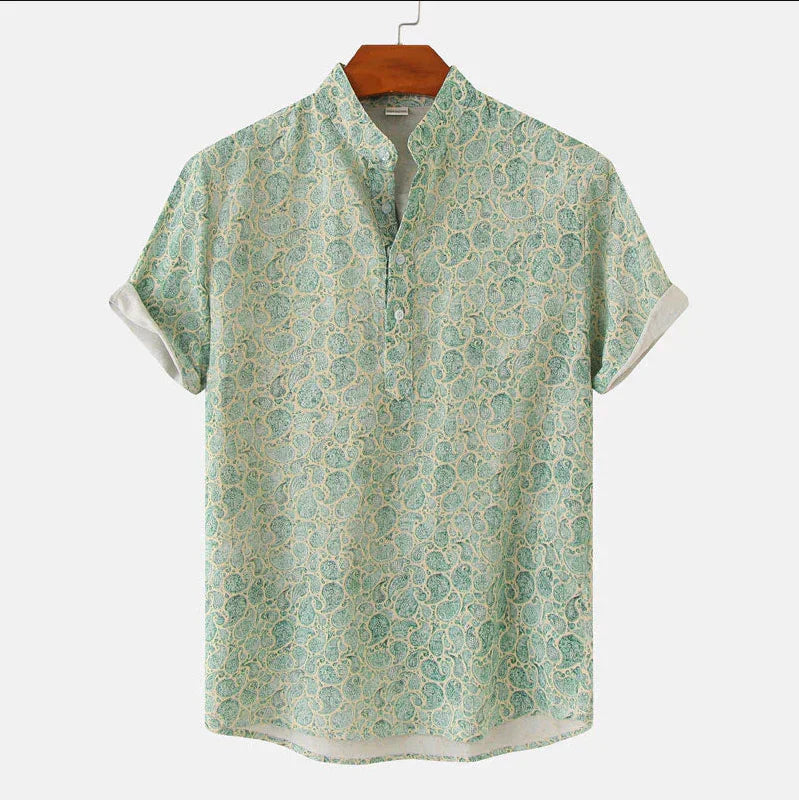 Camisa floral de manga corta para hombre: camisa informal de playa de verano con cuello mao