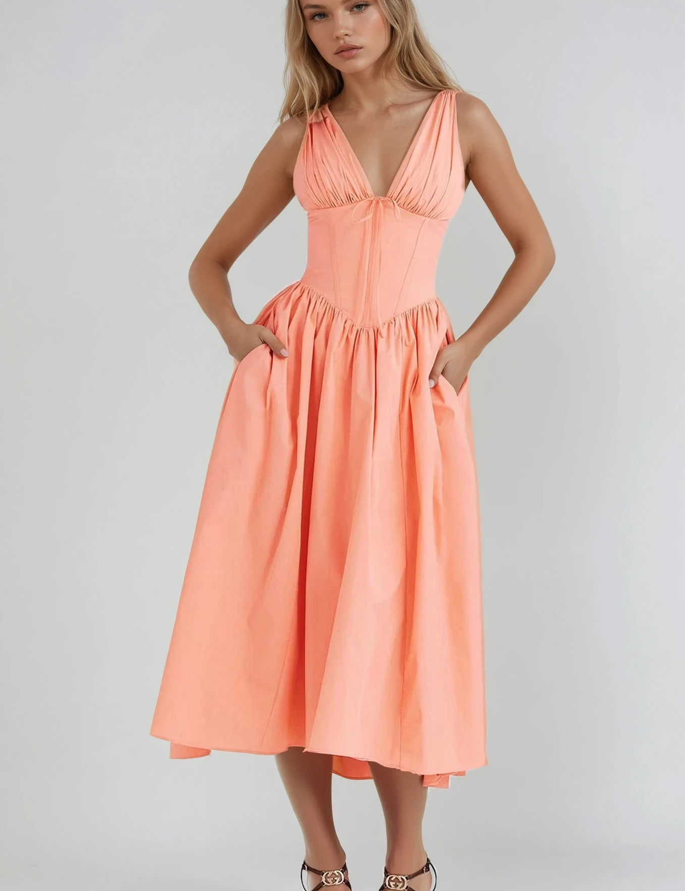 Vestido midi con corsé floral para mujer con escote en V y falda amplia