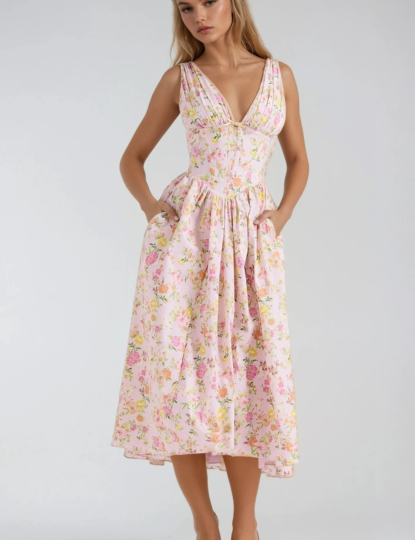 Vestido midi con corsé floral para mujer con escote en V y falda amplia