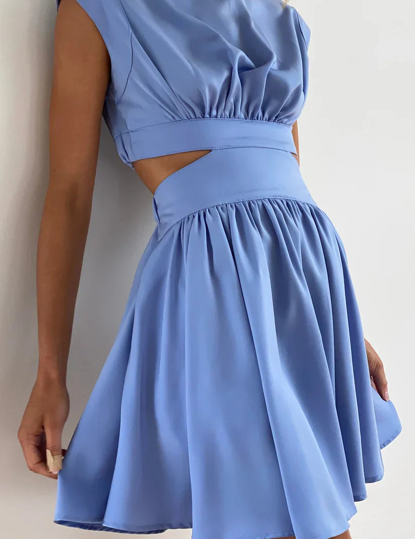 Women's High Neck Cutout Mini Dress with Pleated Skirt