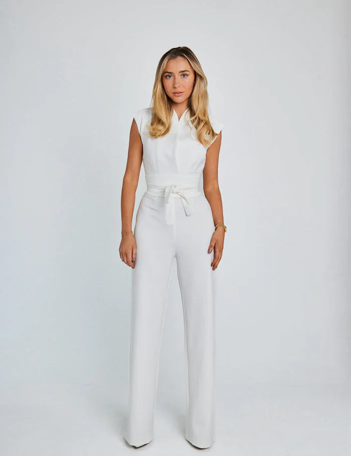 Mono de pierna ancha sin mangas para mujer con detalle de cuello drapeado