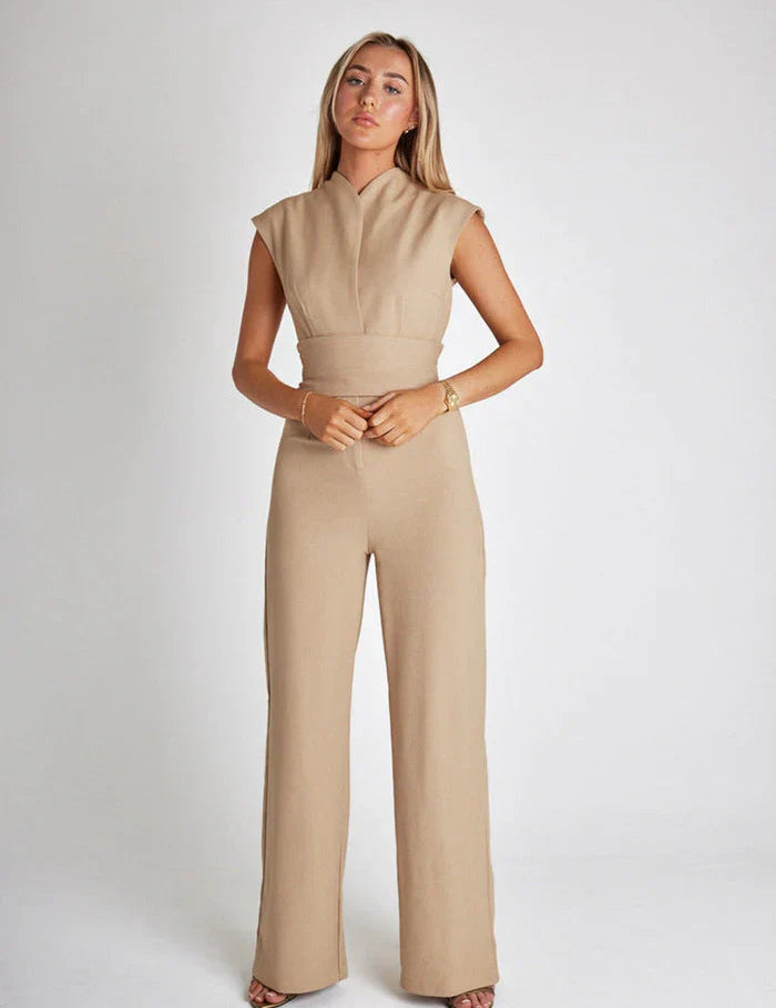 Mono de pierna ancha sin mangas para mujer con detalle de cuello drapeado