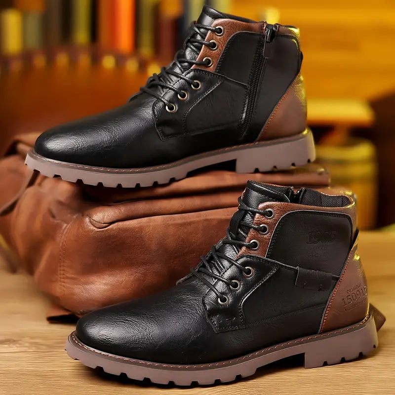 Botines con cordones para hombre, cremallera lateral y suela resistente.
