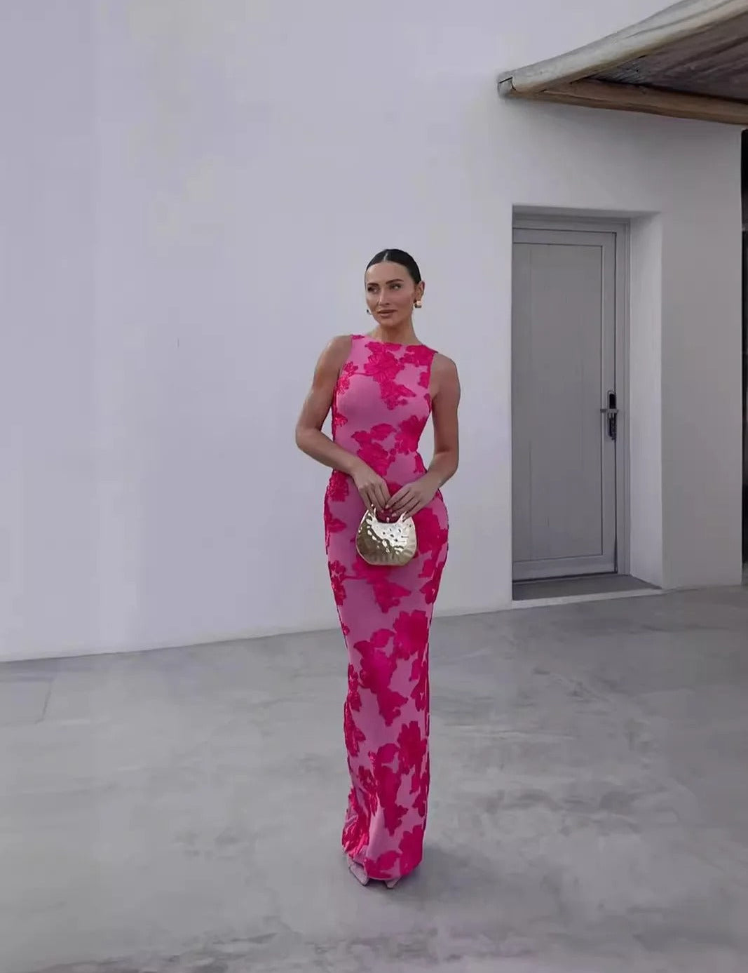 Vestido largo ajustado con estampado floral para mujer