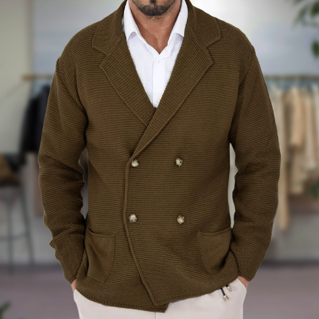 Cárdigan de punto para hombre con doble botonadura y solapa estilo blazer