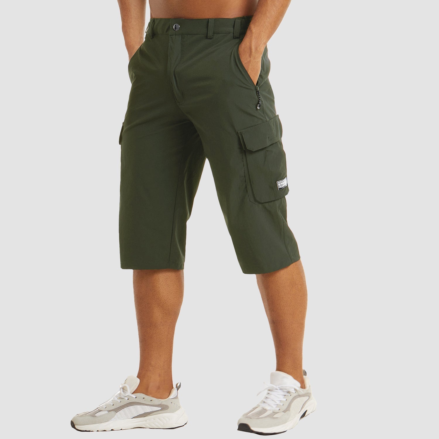 Pantalones cortos cargo hasta la rodilla para hombre con bolsillos laterales y cierre de cremallera