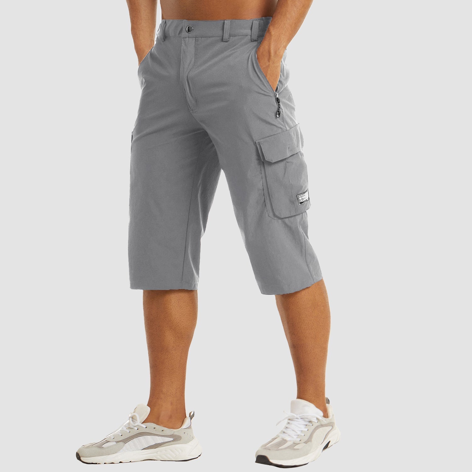 Pantalones cortos cargo hasta la rodilla para hombre con bolsillos laterales y cierre de cremallera