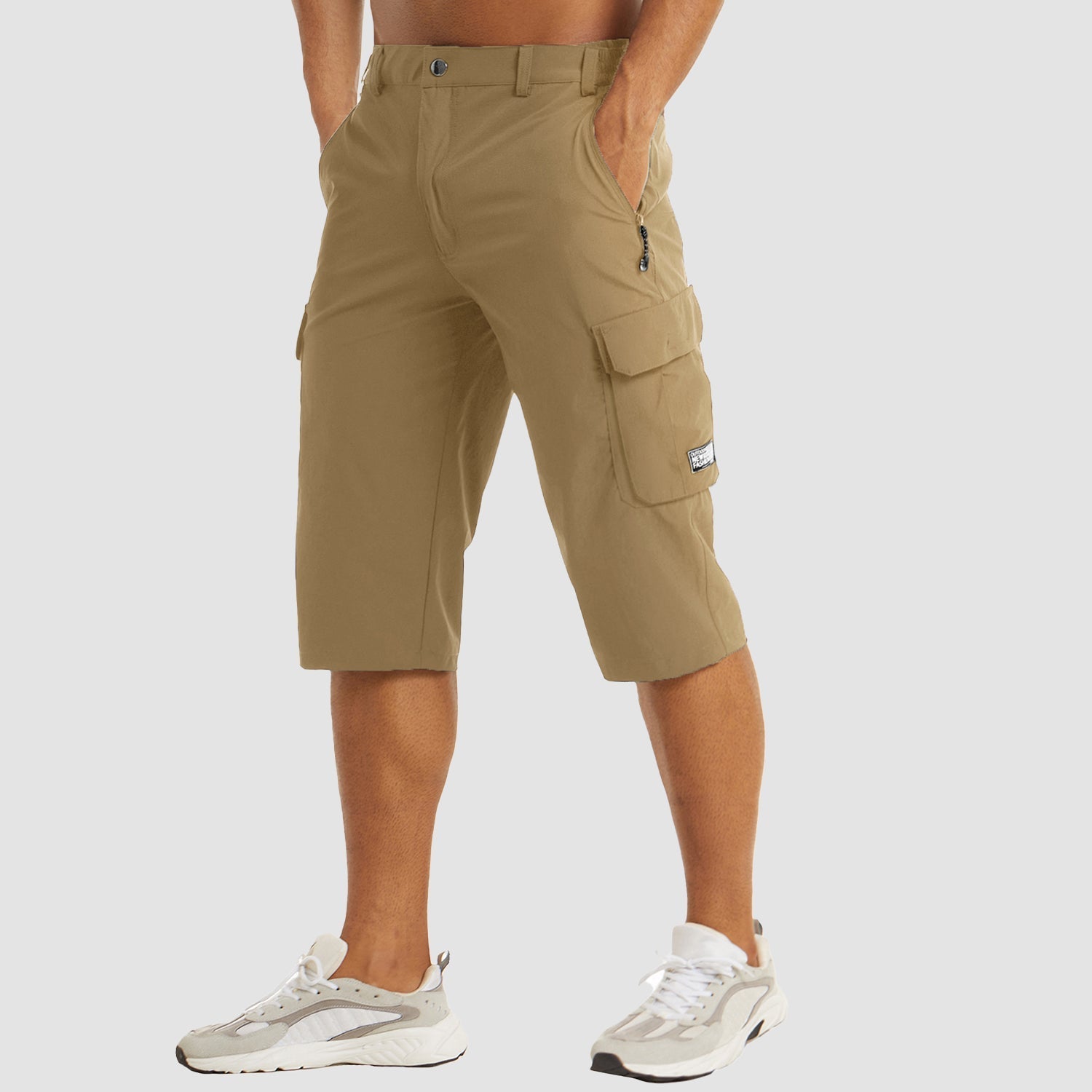 Pantalones cortos cargo hasta la rodilla para hombre con bolsillos laterales y cierre de cremallera