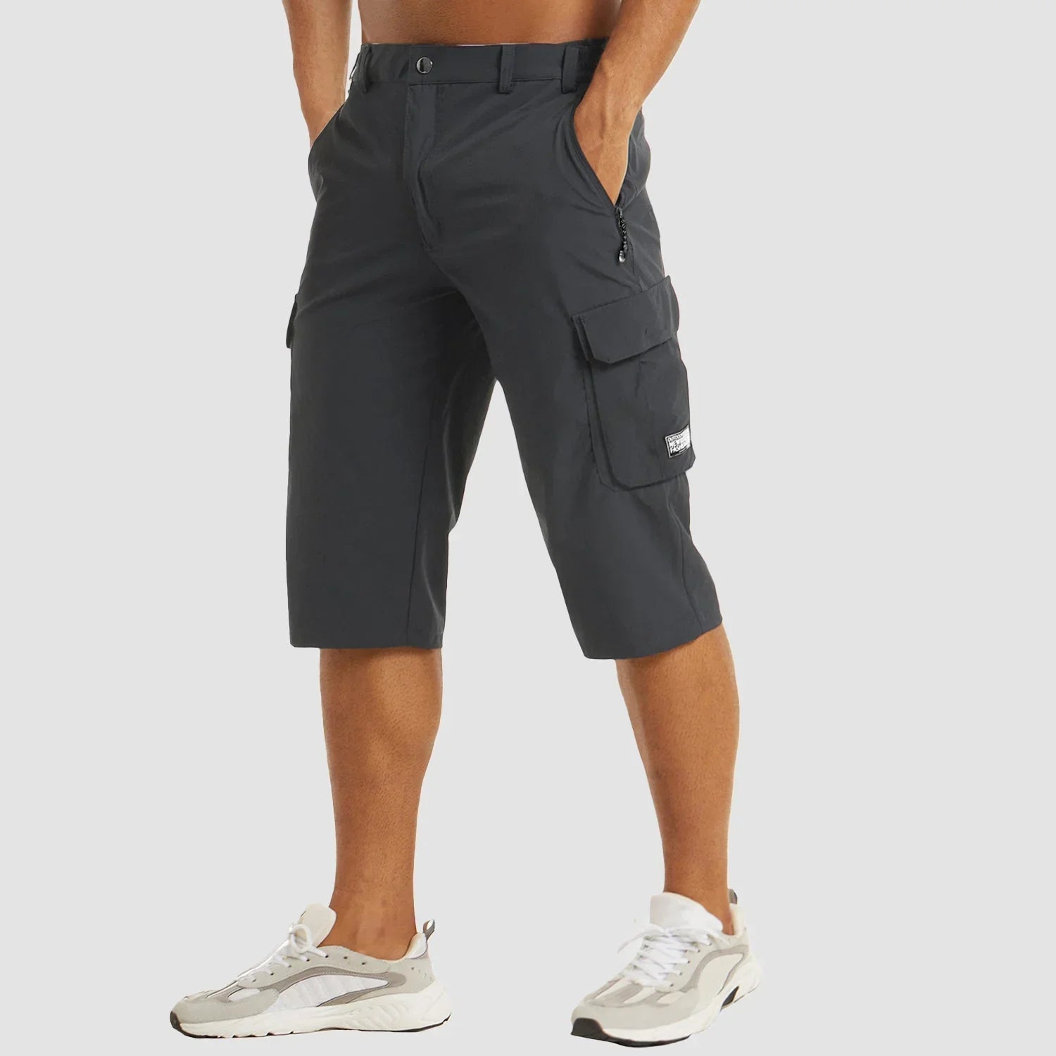 Pantalones cortos cargo hasta la rodilla para hombre con bolsillos laterales y cierre de cremallera
