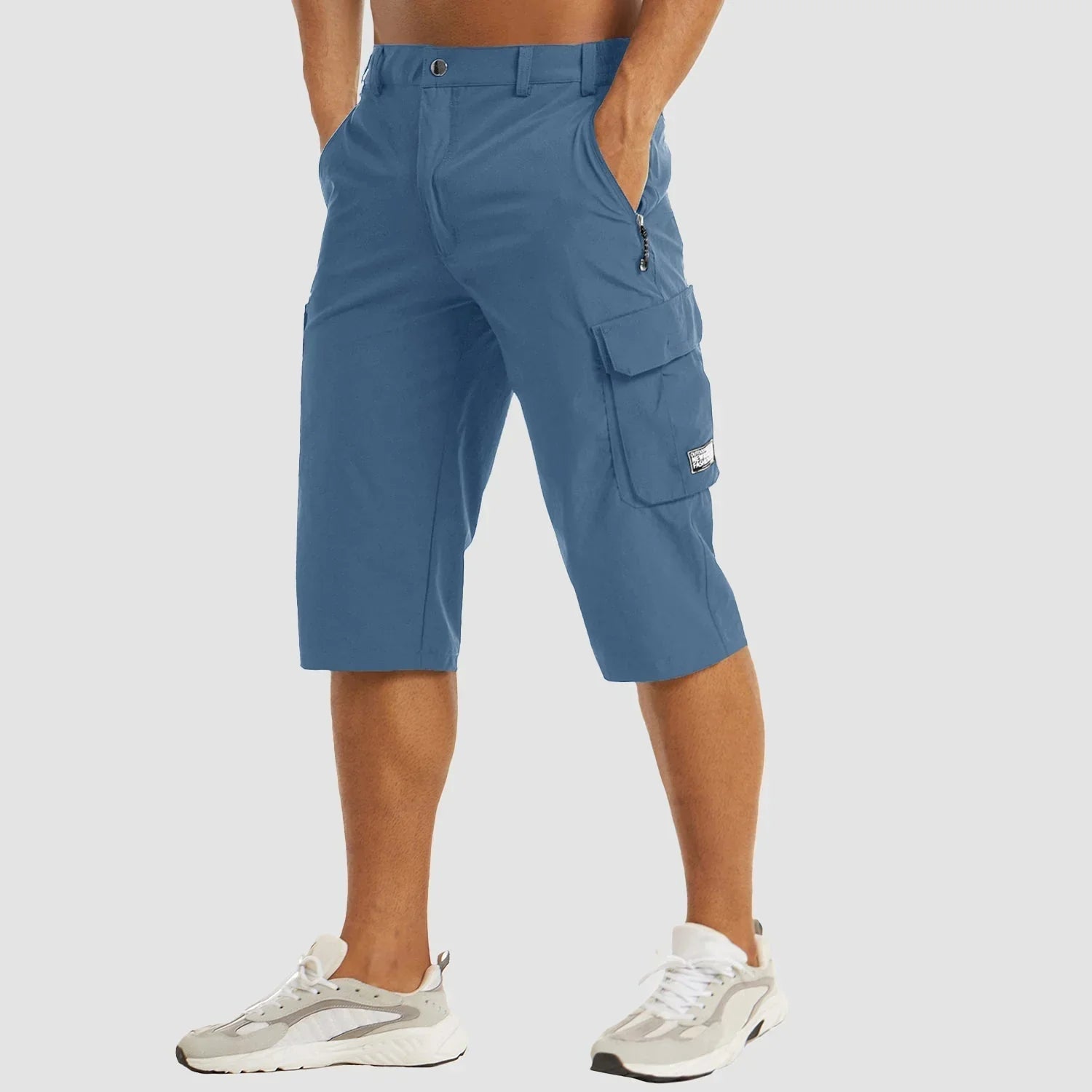 Pantalones cortos cargo hasta la rodilla para hombre con bolsillos laterales y cierre de cremallera