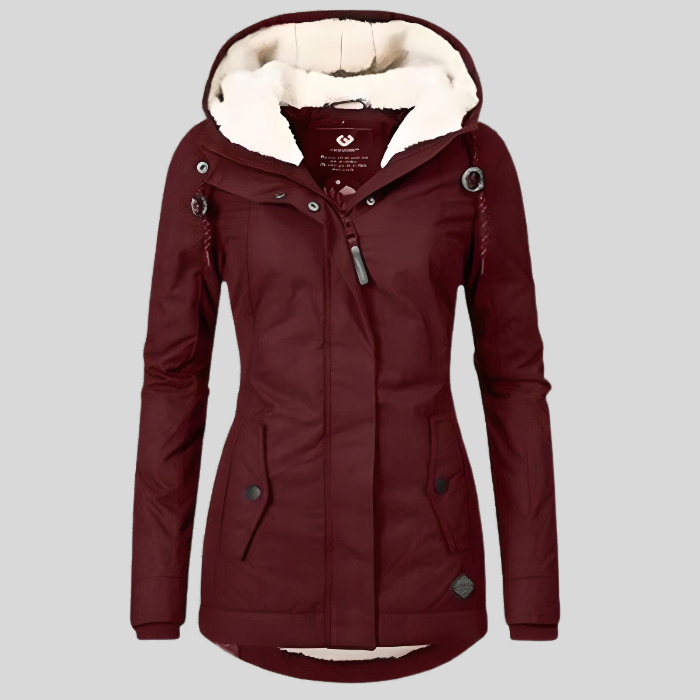 Chaqueta impermeable para mujer con capucha y dobladillo trasero extendido