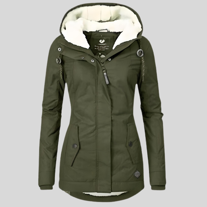 Chaqueta impermeable para mujer con capucha y dobladillo trasero extendido