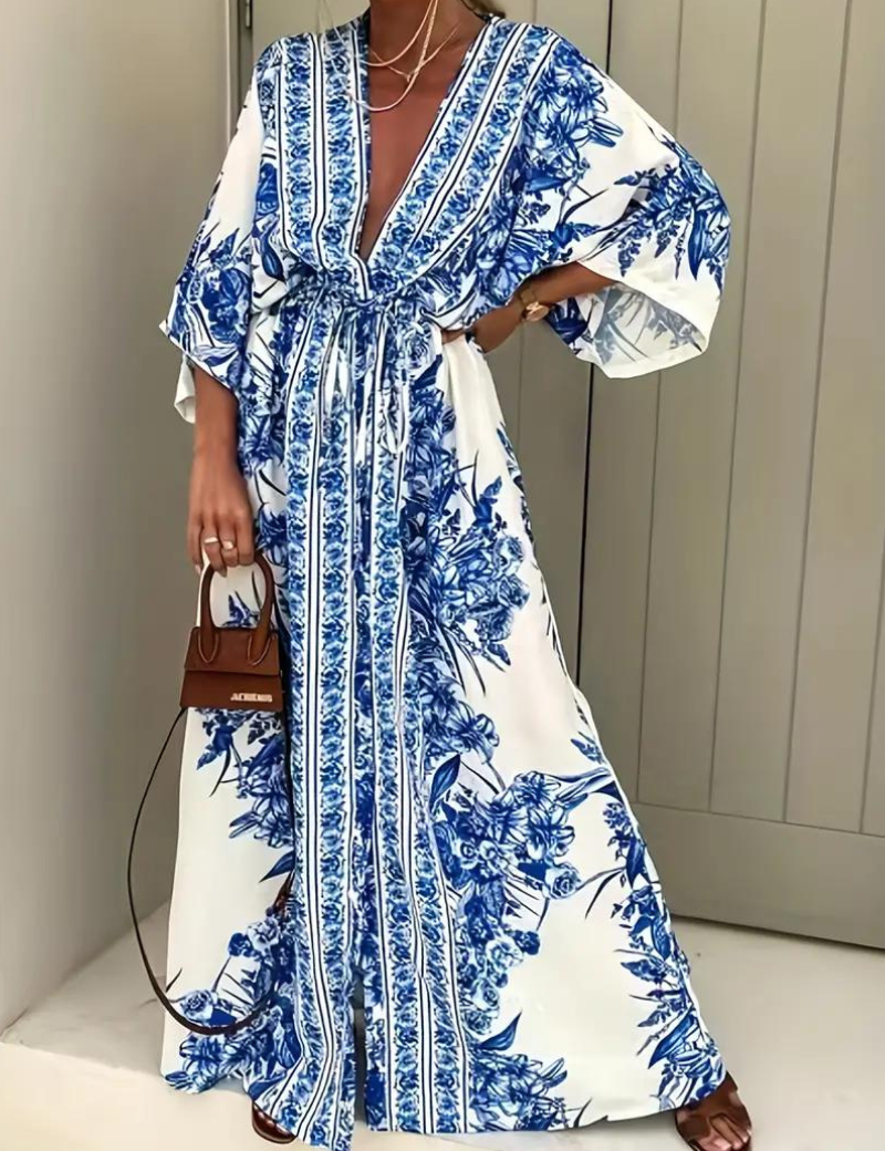 Vestido largo con cuello en V, mangas kimono, estampado floral y cinturón para mujer