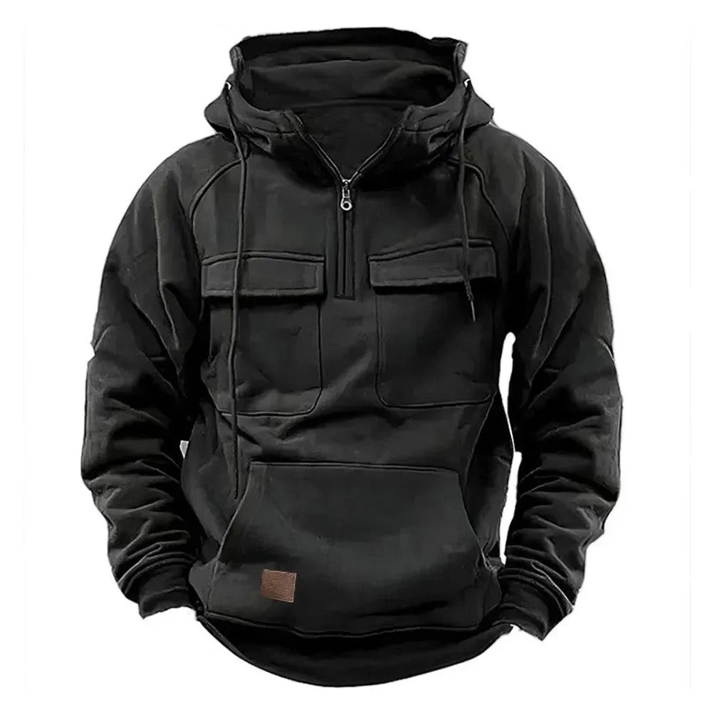 Sudadera con capucha estilo utilitario para hombre con cremallera y bolsillo en el pecho.