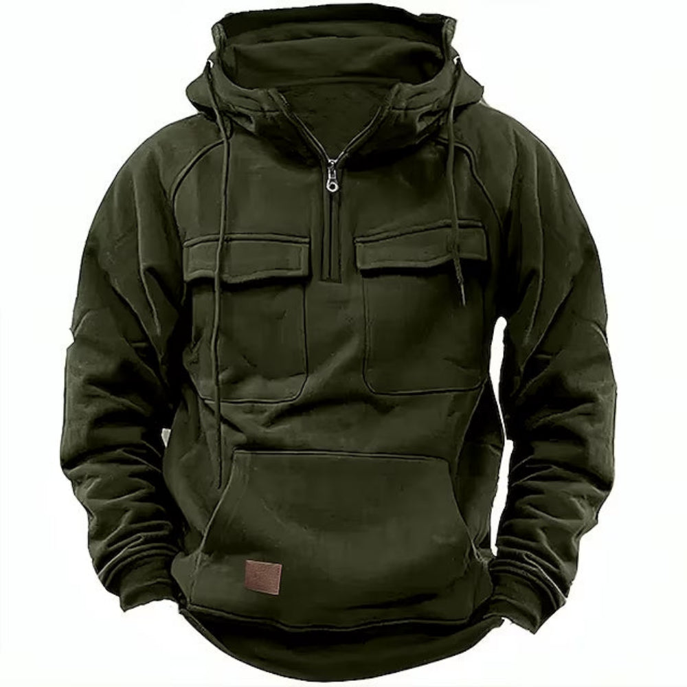 Sudadera con capucha estilo utilitario para hombre con cremallera y bolsillo en el pecho.