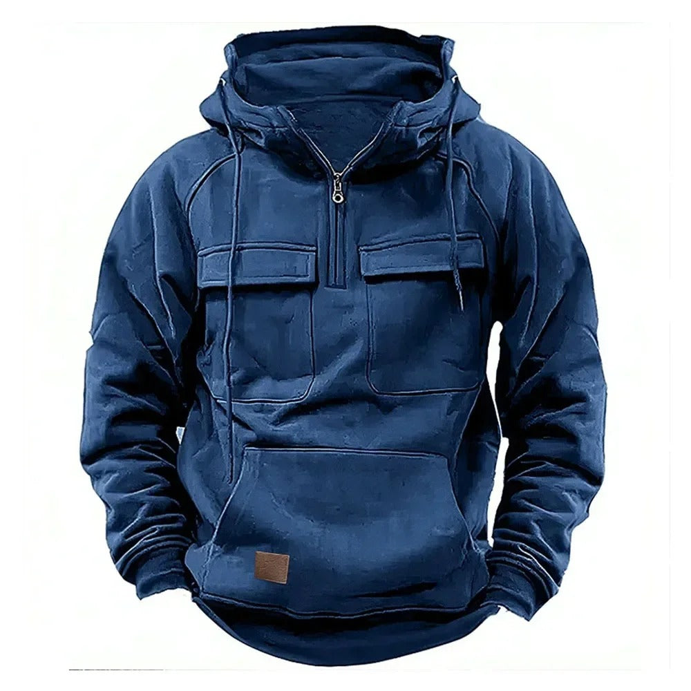 Sudadera con capucha estilo utilitario para hombre con cremallera y bolsillo en el pecho.