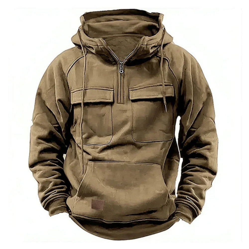 Sudadera con capucha estilo utilitario para hombre con cremallera y bolsillo en el pecho.