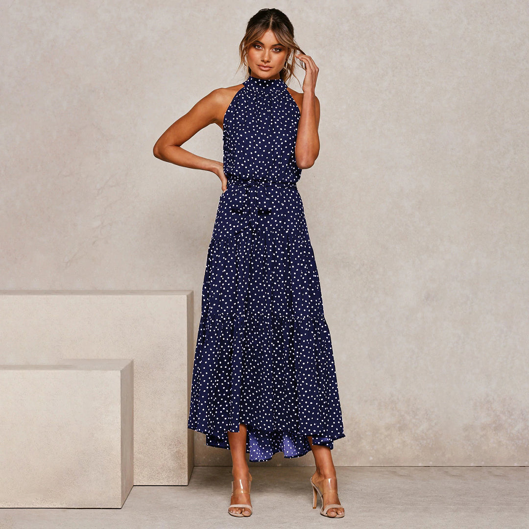 Vestido largo de lunares con cuello halter y lazo en la cintura para mujer