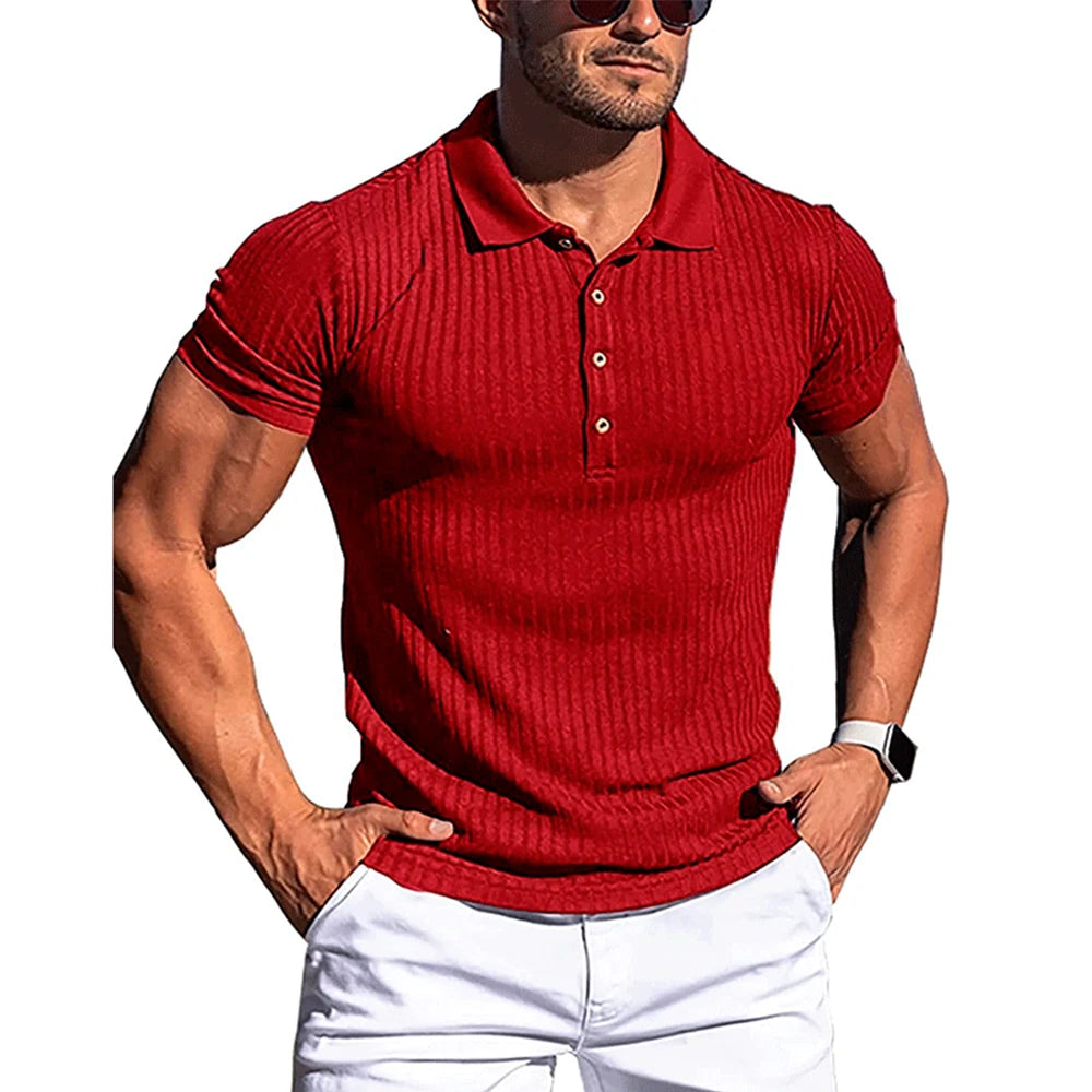 Polo de manga corta con cuello alto y rayas acanaladas para hombre