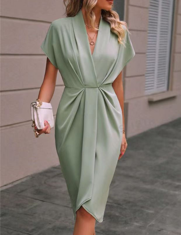 Vestido midi cruzado para mujer con escote en V y detalle drapeado en la parte delantera