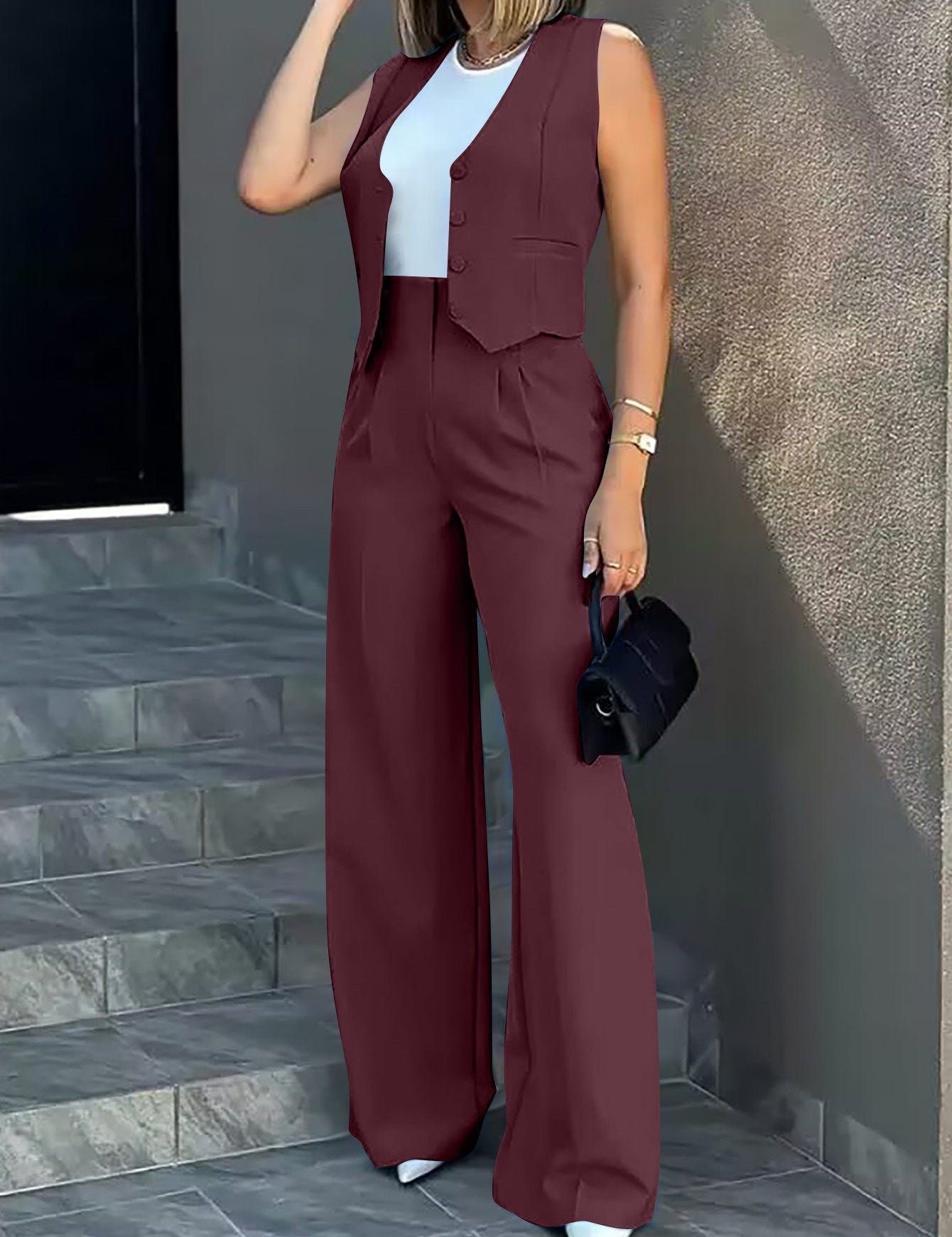 Conjunto de traje de dos piezas a medida para mujer con chaleco sin mangas y pantalones anchos