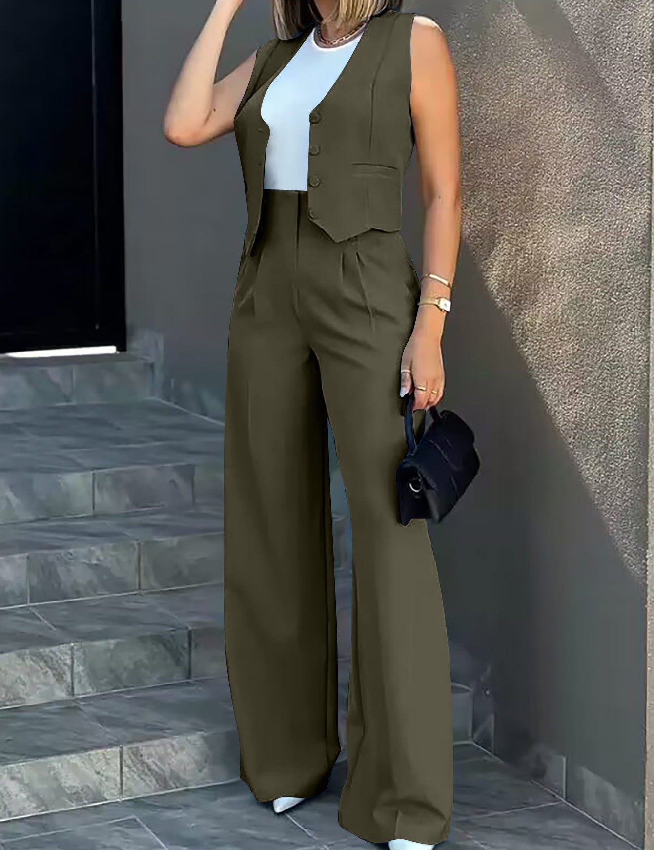 Conjunto de traje de dos piezas a medida para mujer con chaleco sin mangas y pantalones anchos