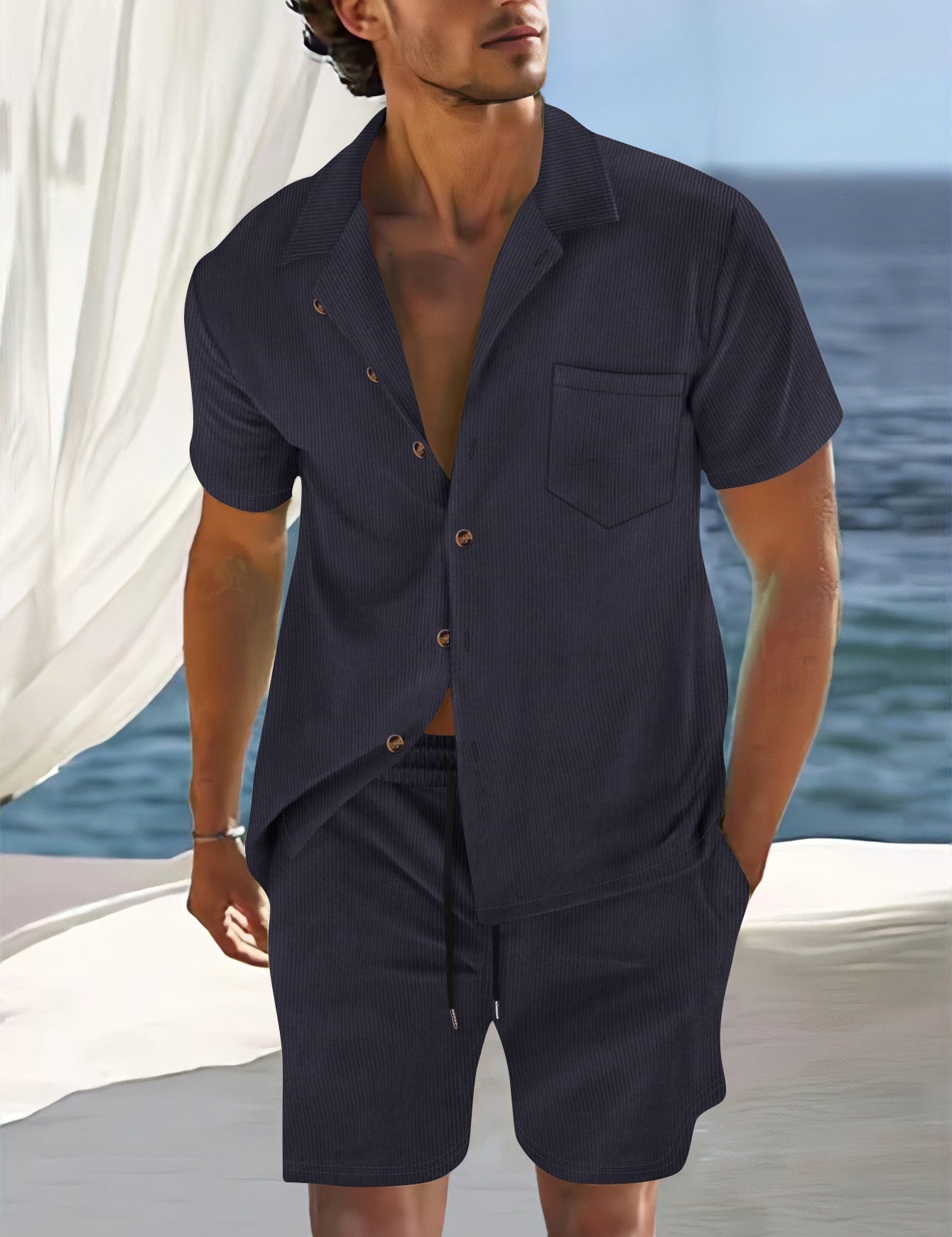 Conjunto de dos piezas de camisa y pantalones cortos de manga corta con cuello cubano para hombre