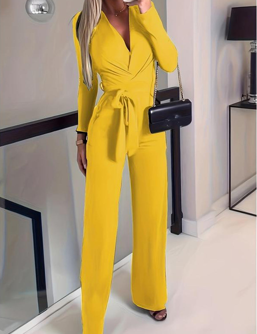 Mono cruzado de manga larga con cuello en V y pantalones anchos para mujer