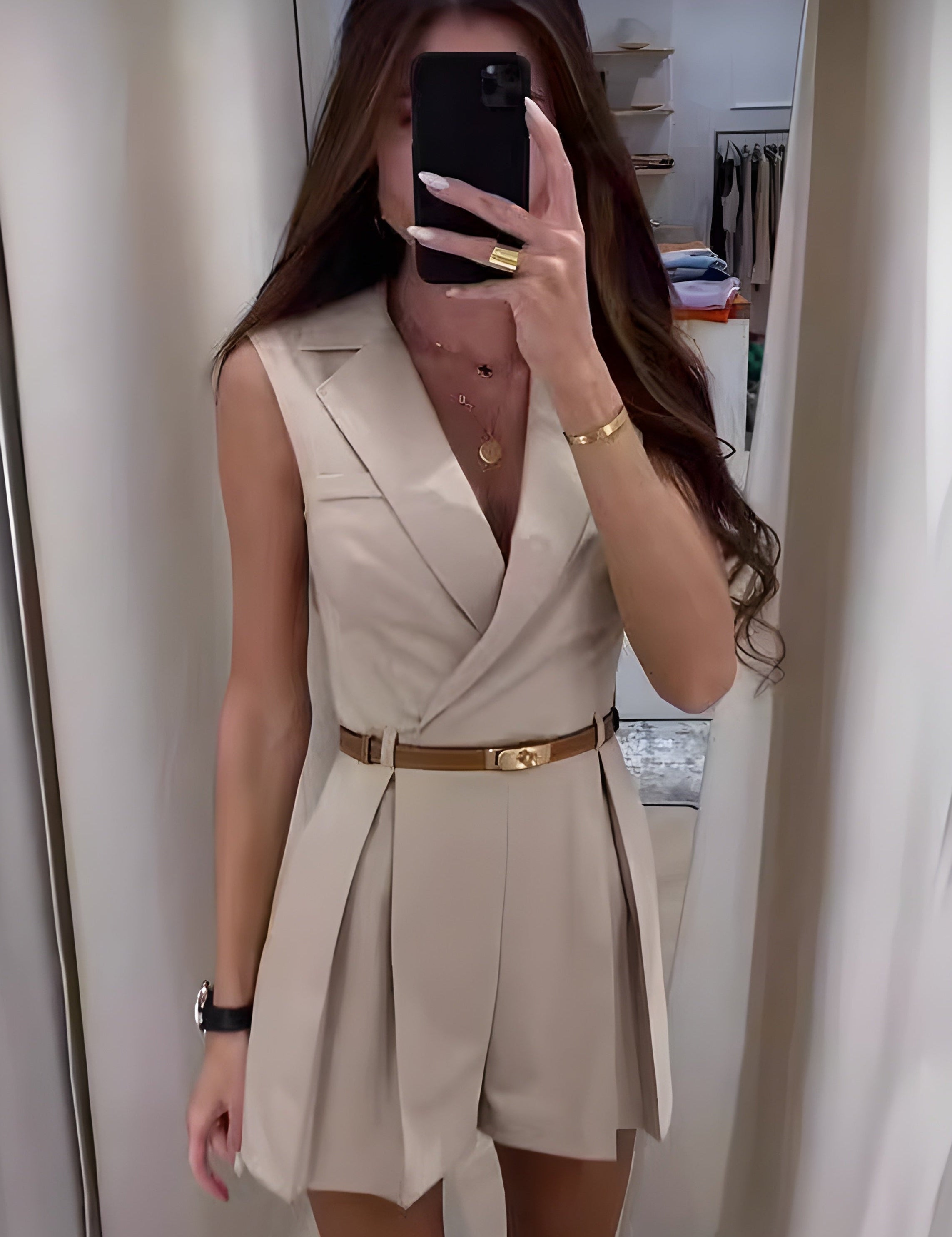 Mono sin mangas con cinturón para mujer, cruzado en la parte delantera y pliegues