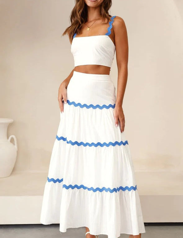 Conjunto de dos piezas para mujer con top corto y falda larga escalonada