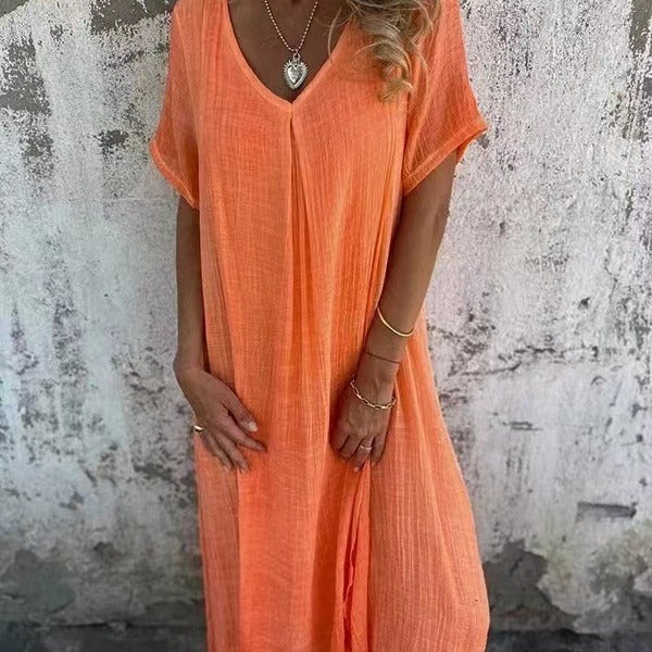 Vestido largo holgado con cuello en V para mujer