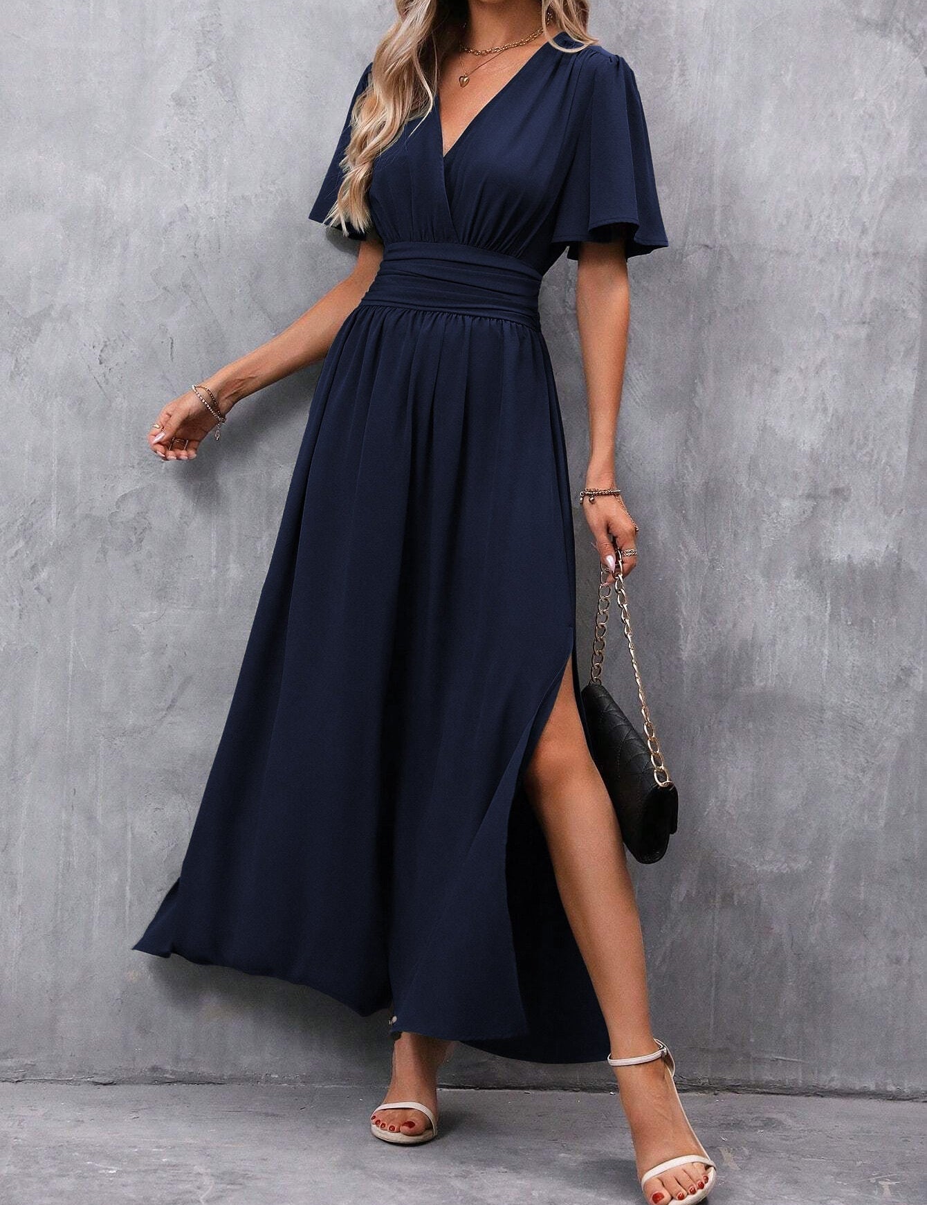 Women's Short-Sleeve Maxi Dress with V-Neck and Side Slit Design