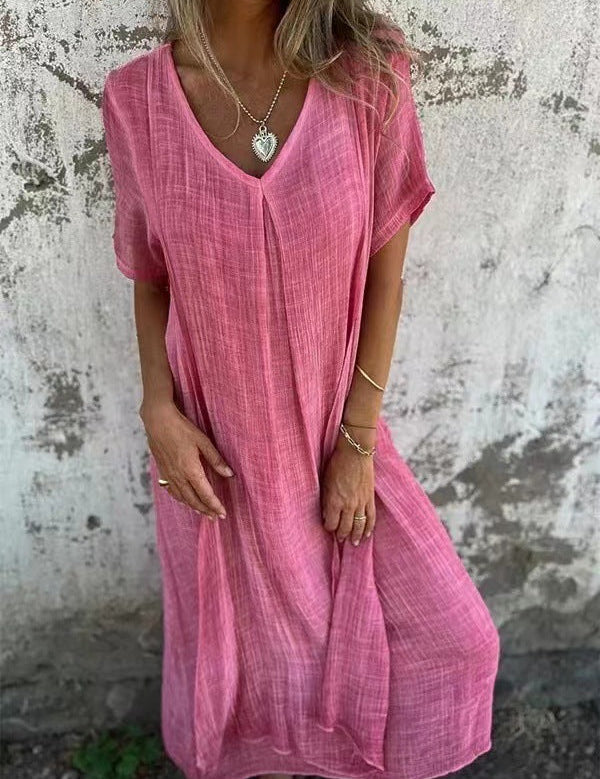 Vestido largo holgado con cuello en V para mujer