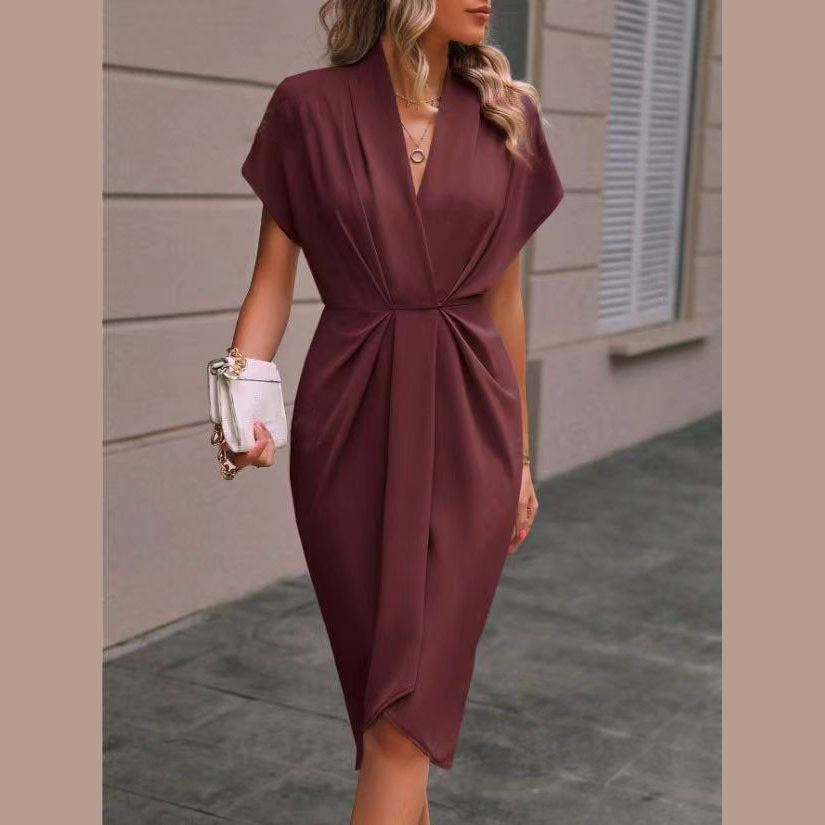 Vestido midi cruzado para mujer con escote en V y detalle drapeado en la parte delantera